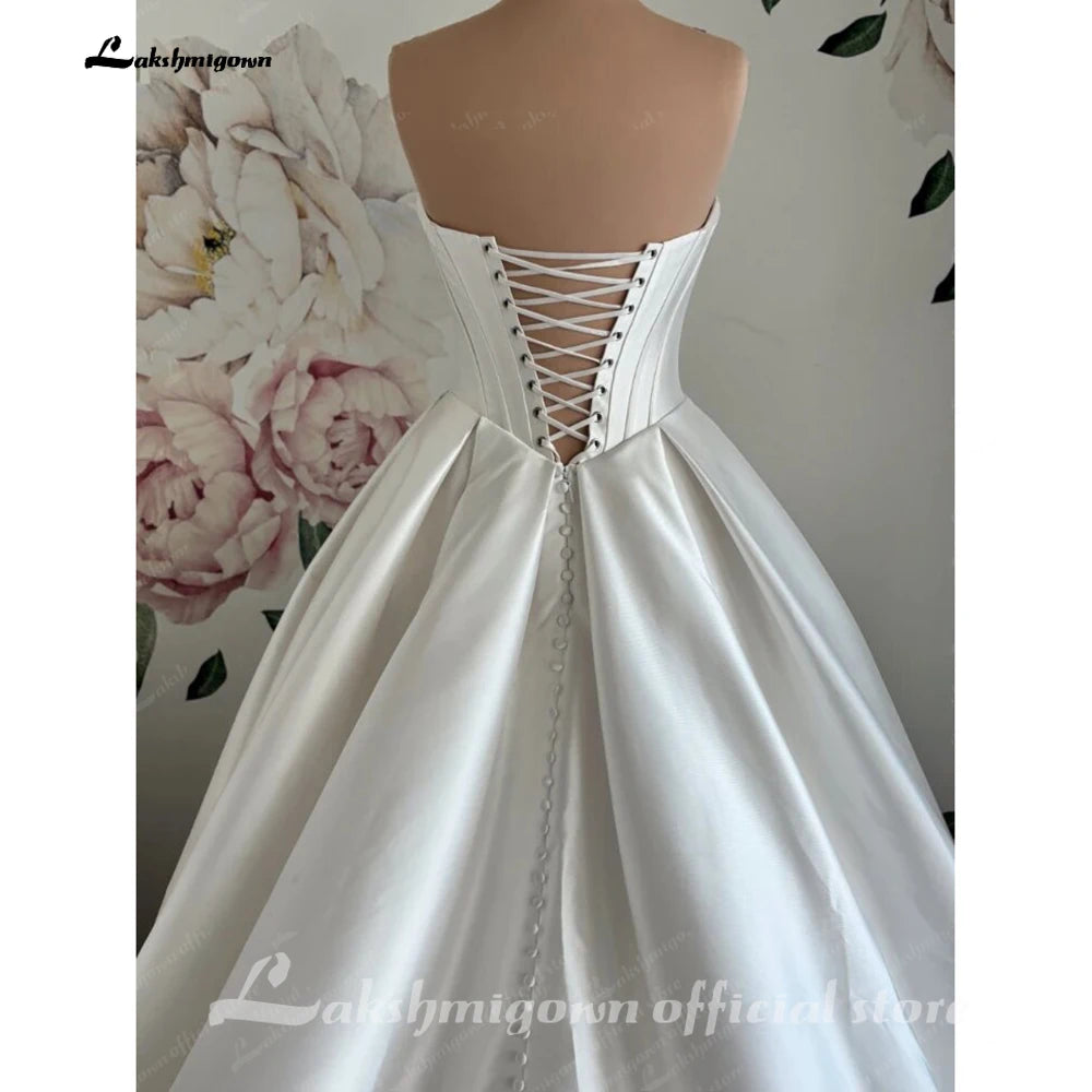 Custom A Line Strapless Satin Wedding Dress Lace Up Back Floor Length Gown