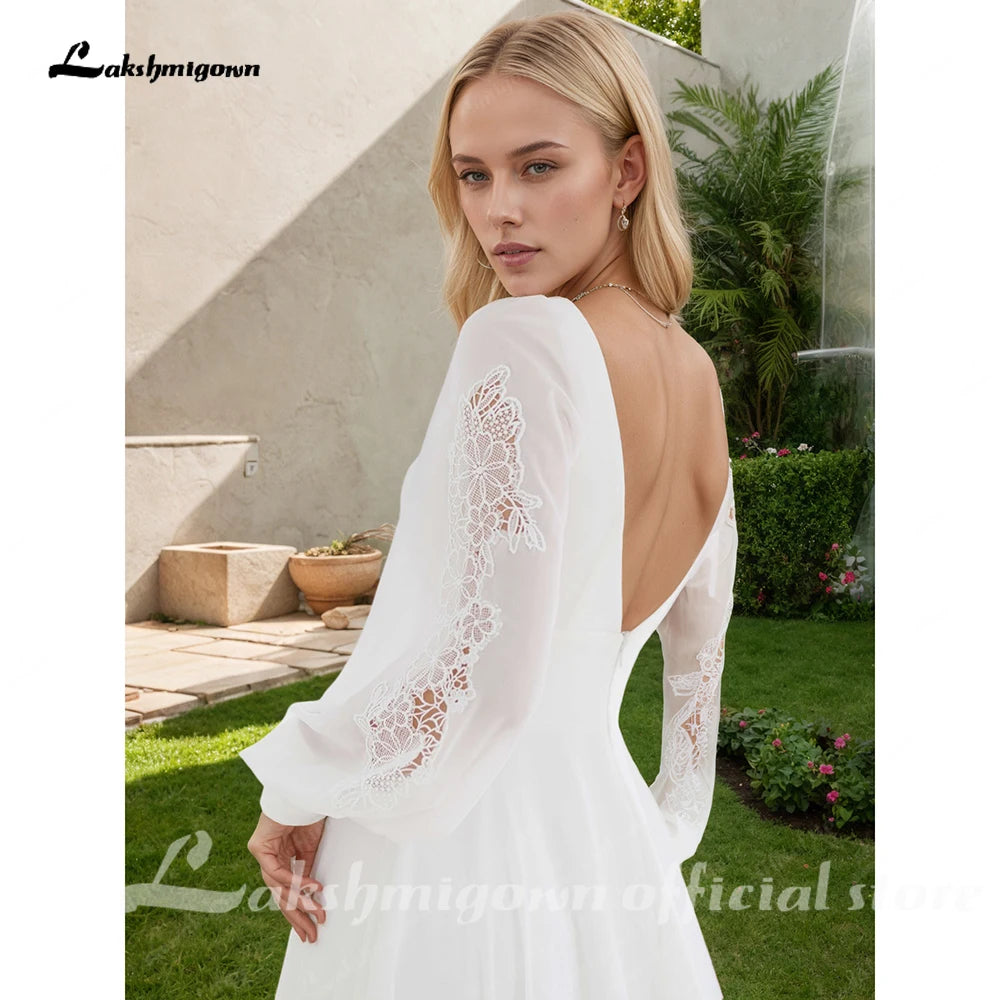 Ivory Boho Chiffon Beach Wedding Dress Long Sleeves Lace Custom Gown