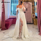 Customized Off Shoulder Satin A Line Wedding Dress With Sweep Train