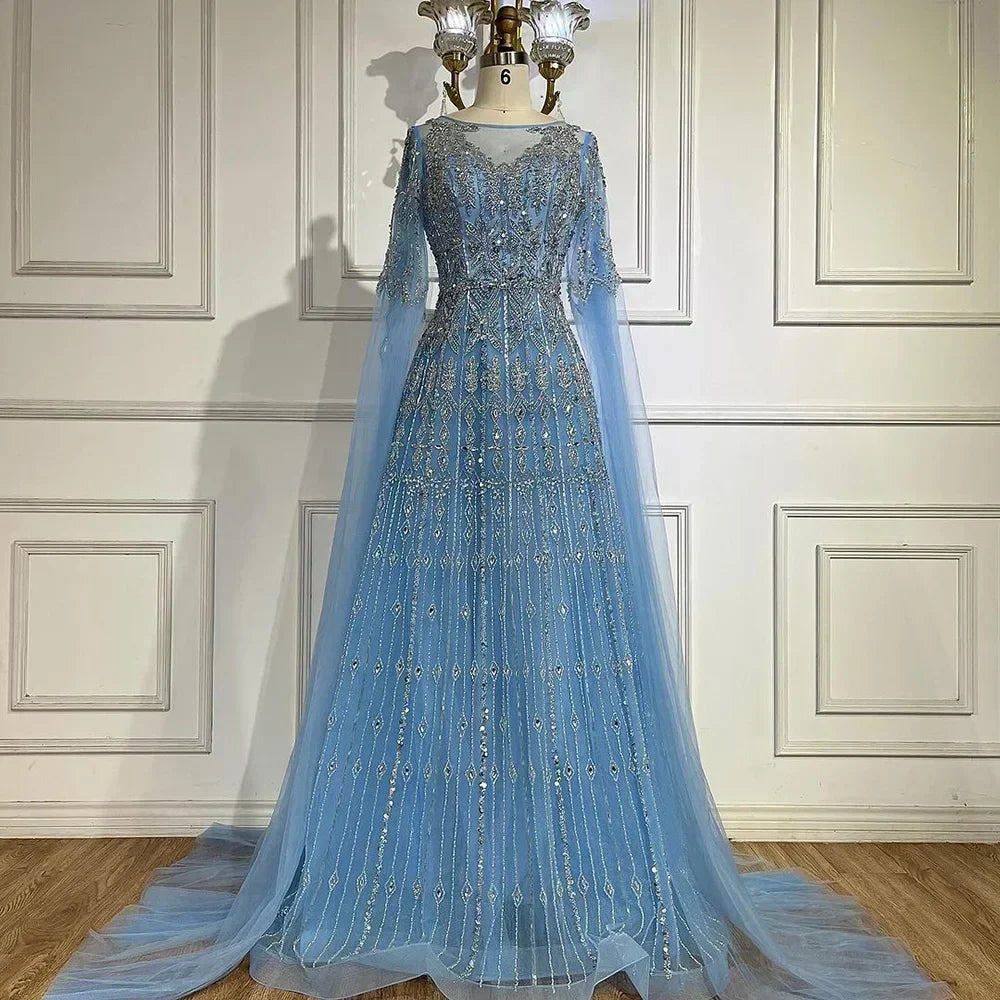 Custom Blue Muslim A Line Evening Dress With Beaded Cape Sleeves 2025