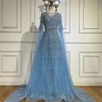 Custom Blue Muslim A Line Evening Dress With Beaded Cape Sleeves 2025