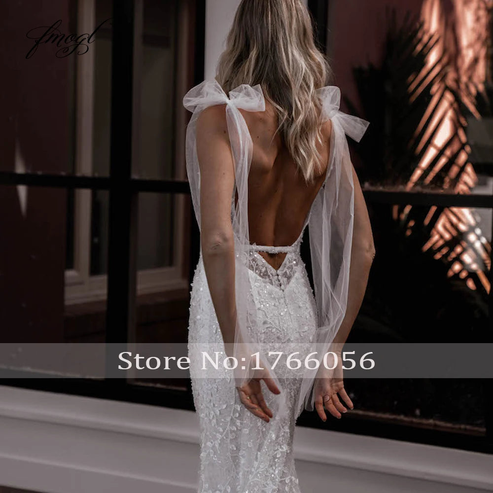 Custom Backless V Neck Lace Mermaid Wedding Dress Spaghetti Straps