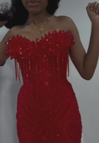 Ruby Heiress Hand Beaded Crimson Mermaid Gown With Crystal Encrusted Hooded Veil
