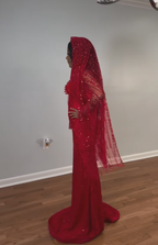 Ruby Heiress Hand Beaded Crimson Mermaid Gown With Crystal Encrusted Hooded Veil