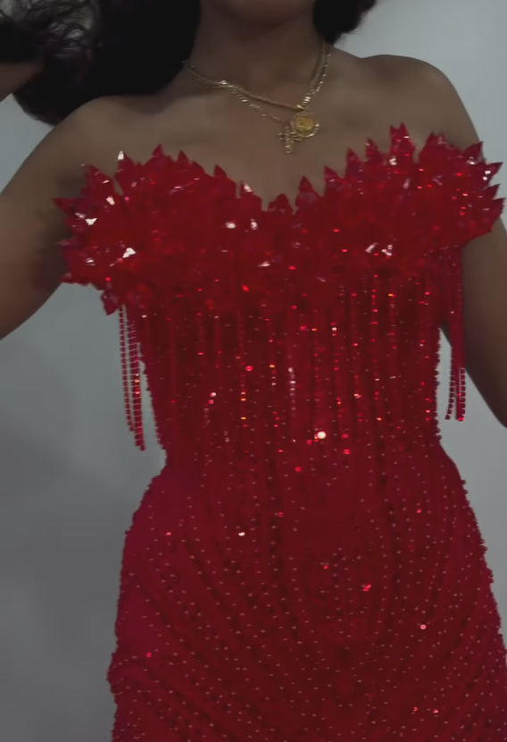 Ruby Heiress Hand Beaded Crimson Mermaid Gown With Crystal Encrusted Hooded Veil