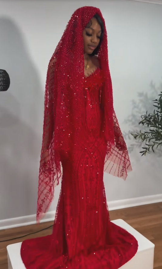 Ruby Heiress Hand Beaded Crimson Mermaid Gown With Crystal Encrusted Hooded Veil