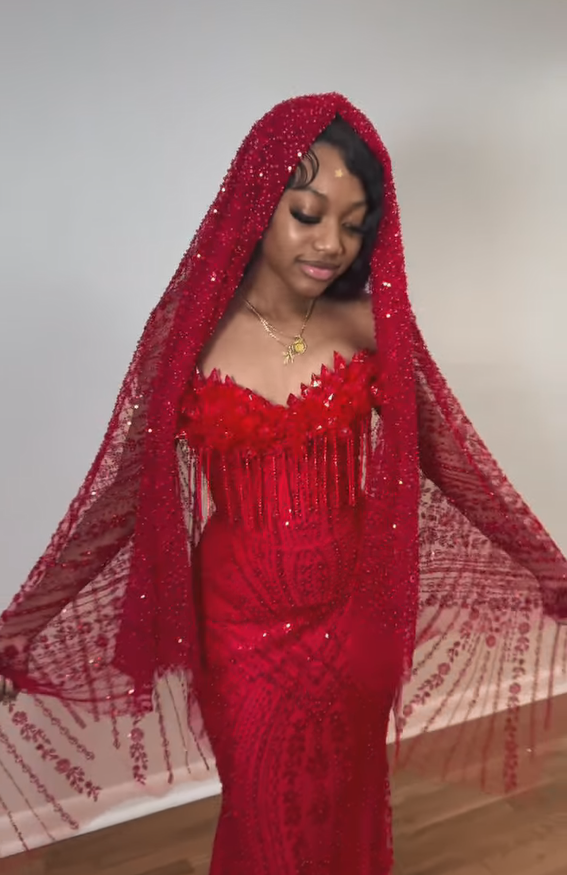 Ruby Heiress Hand Beaded Crimson Mermaid Gown With Crystal Encrusted Hooded Veil