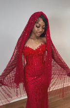 Ruby Heiress Hand Beaded Crimson Mermaid Gown With Crystal Encrusted Hooded Veil