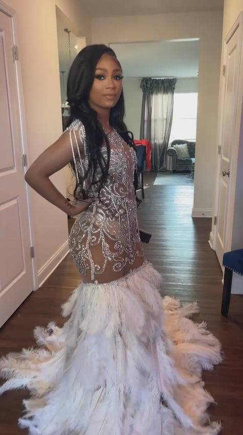 Silver Swan Mermaid Gown With Plunging V Neckline Crystal Beadwork Feather Skirt