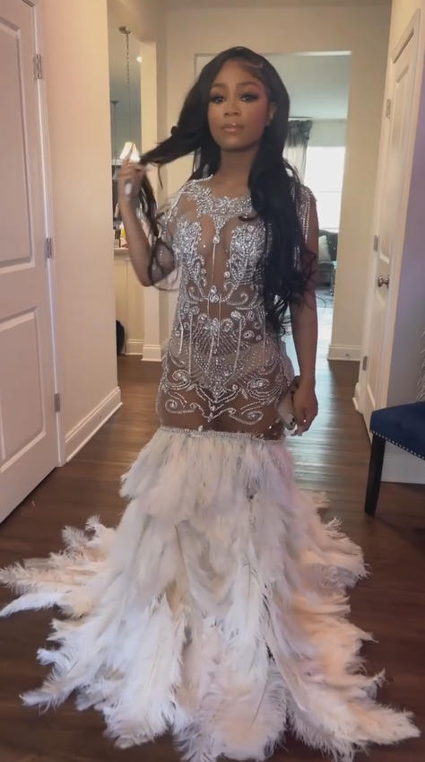 Silver Swan Mermaid Gown With Plunging V Neckline Crystal Beadwork Feather Skirt