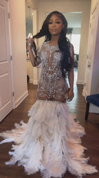 Silver Swan Mermaid Gown With Plunging V Neckline Crystal Beadwork Feather Skirt