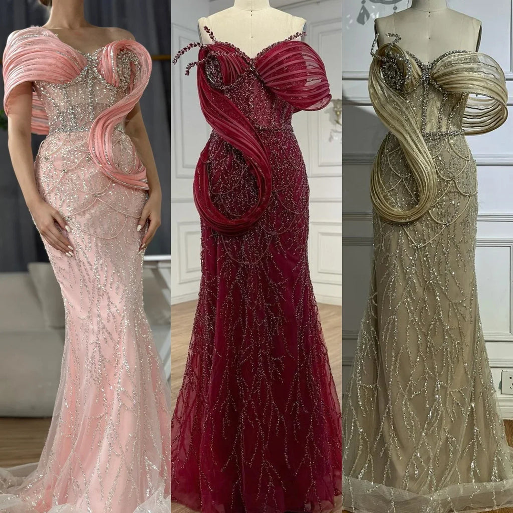 Wine Red Mermaid One Shoulder Beaded Evening Gown For Women Custom Party Dress