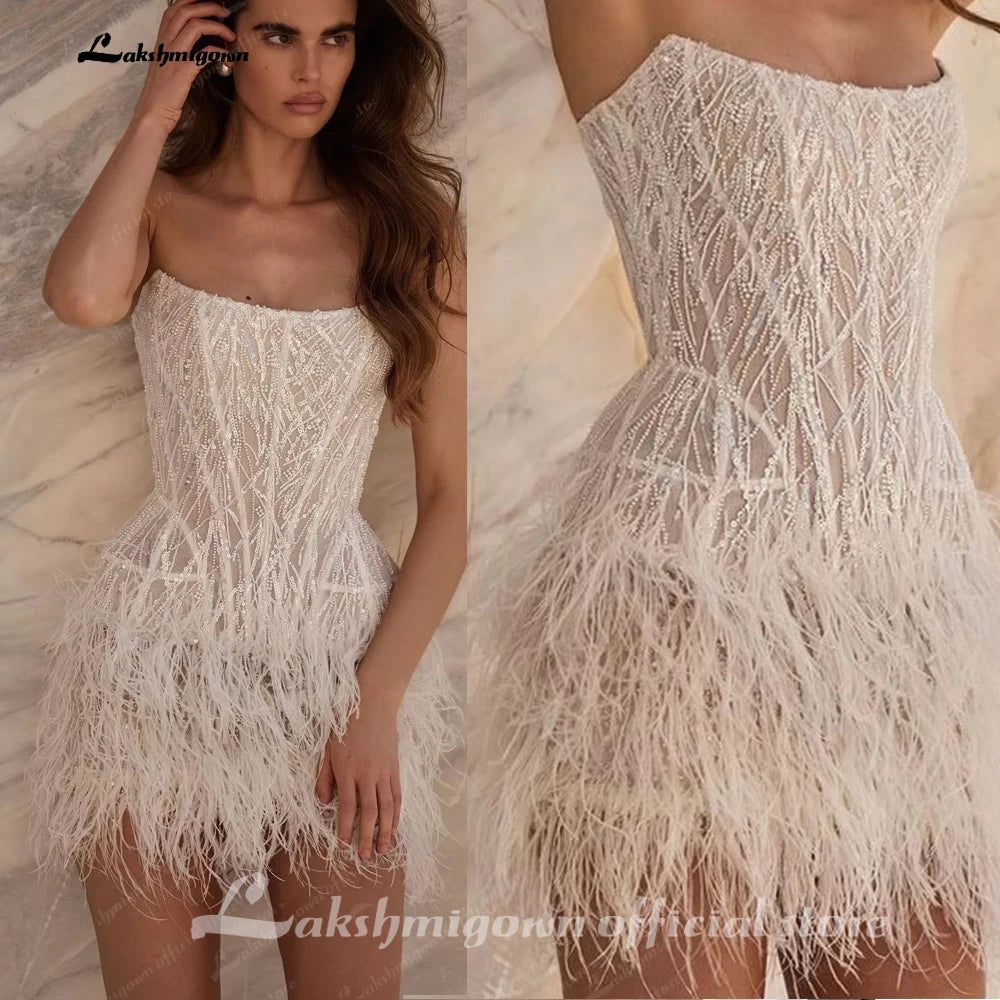 Short Strapless Feathered Wedding Dress Sparkly Mini Bridal Gown
