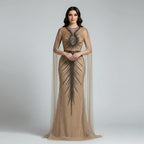 Serene Hill Caramel Beaded Mermaid Evening Gown With Cape Sleeves For Women