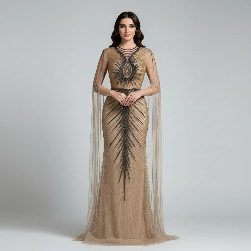 Serene Hill Caramel Beaded Mermaid Evening Gown With Cape Sleeves For Women