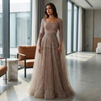 Caramel Beaded A Line Evening Dress With Cape Sleeves Formal Gown For Women