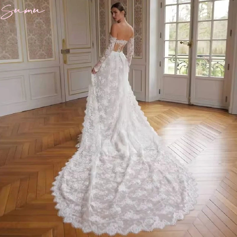Long Sleeves Vintage Lace Mermaid Off Shoulder Bridal Gown