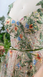 Custom Bling V Neck Grey Sequin Floral Embroidery Wedding Dress