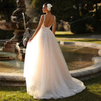 Romantic Deep V Neck Custom Bridal Gown With Floral Lace Sweep Train