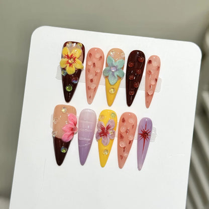 10 uñas postizas de flores tropicales hechas a mano, coloridas, para el día de verano, con dopamina, largas, de aguja, con manicura fresca y dulce. 