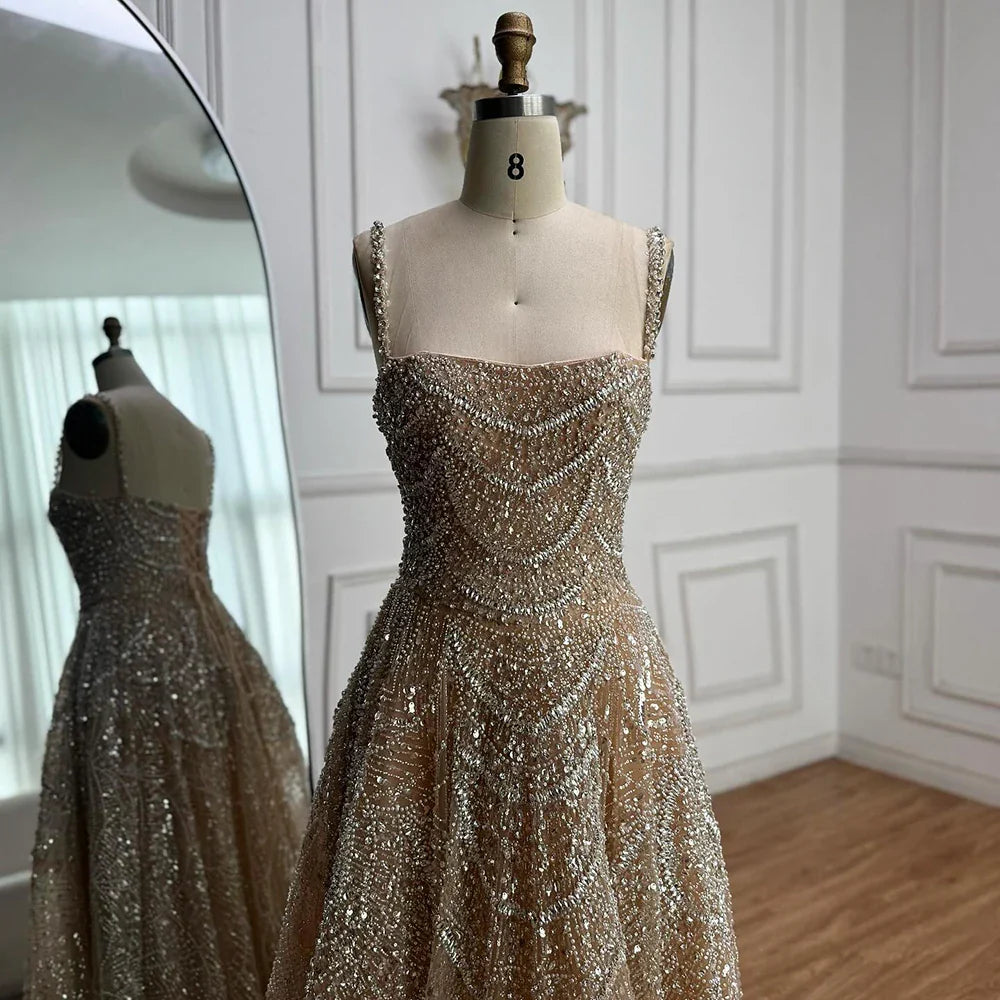 Luxury Nude A-Line Evening Dress with Pearls and Crystals LA72983A