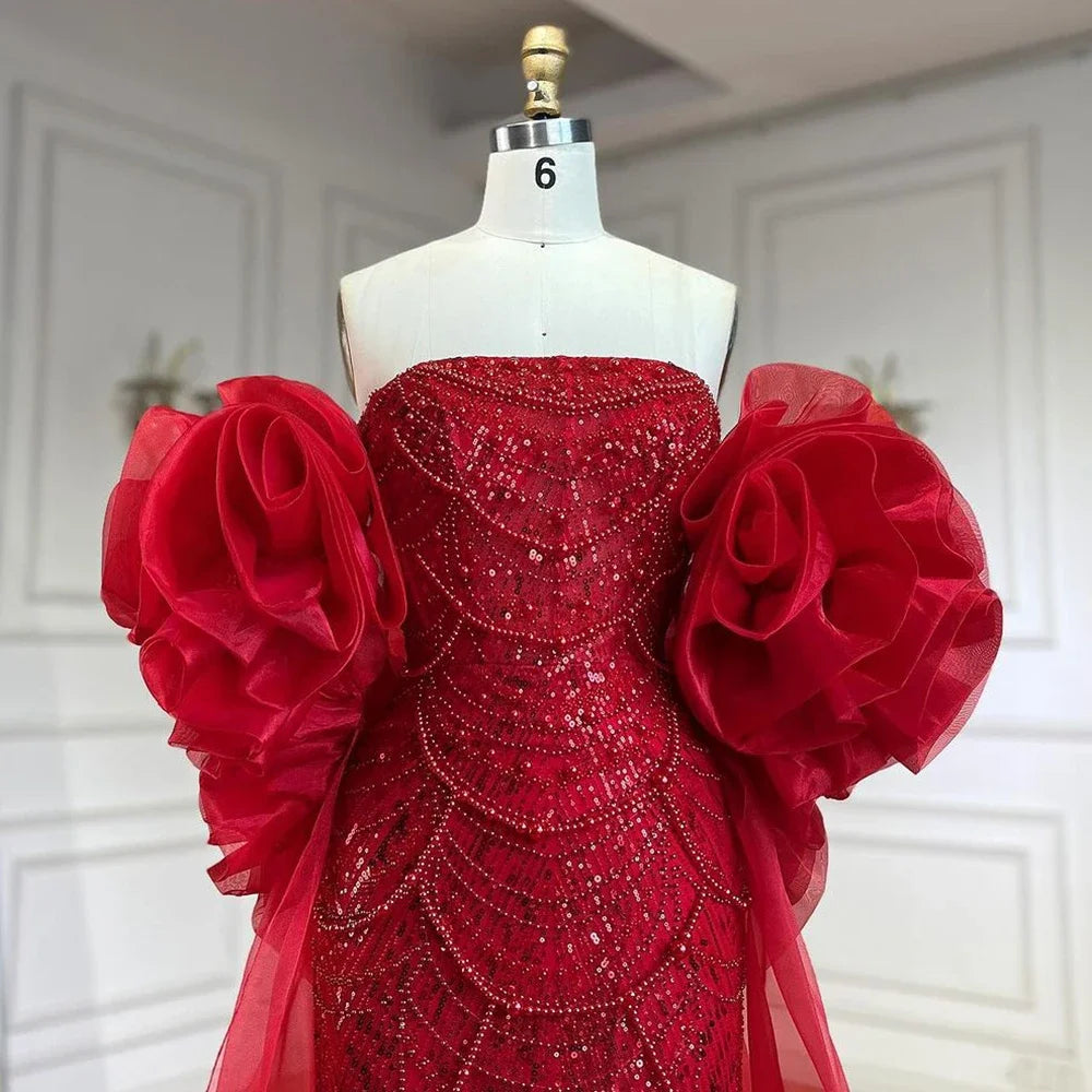 Custom Mermaid Evening Dress Pearl Beaded Strapless Wedding Cape Gown