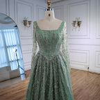 Luxury Sage Green Beaded Evening Dress with Long Sleeves LA72805B