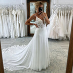 Womens Spaghetti Straps Deep V Backless Wedding Dresses Lace Appliques Chiffon Bridal Gown