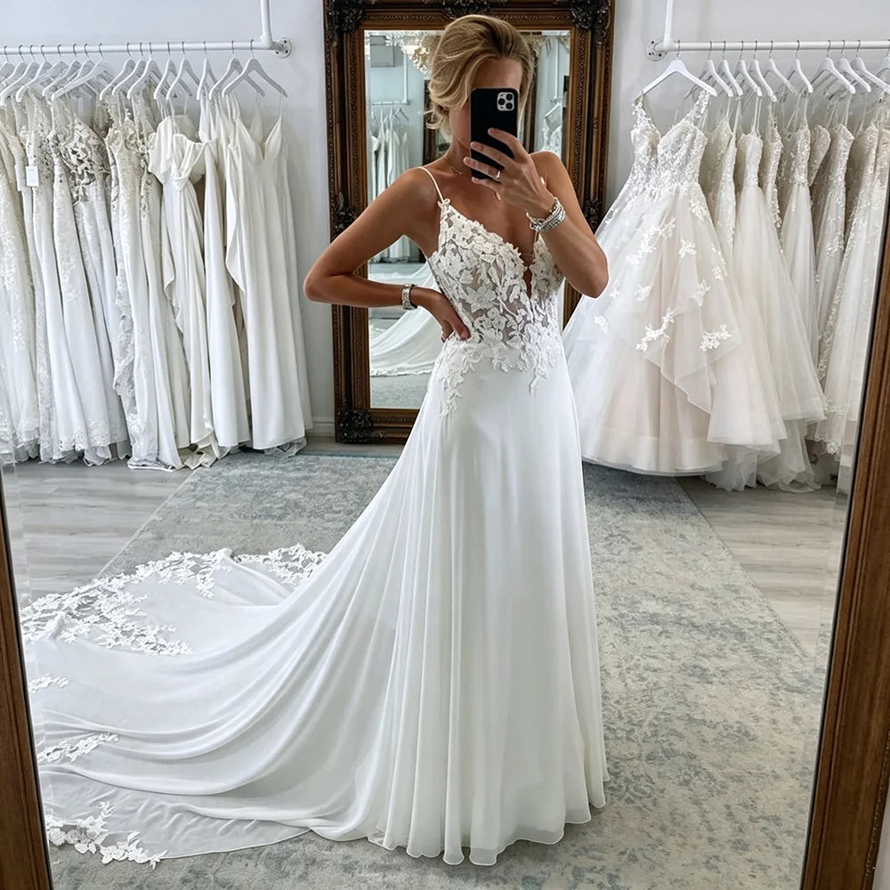 Womens Spaghetti Straps Deep V Backless Wedding Dresses Lace Appliques Chiffon Bridal Gown