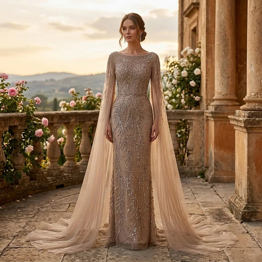 Customized Caramel O Neck Mermaid Evening Dress With Cape Sleeve
