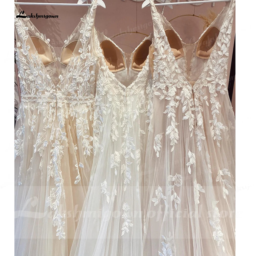 Custom Made Champagne Bridal Gown With V Neck Lace Appliques