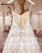 Womens Spaghetti Straps Boho Wedding Dress Lace Bodice Tulle Open Back Gown