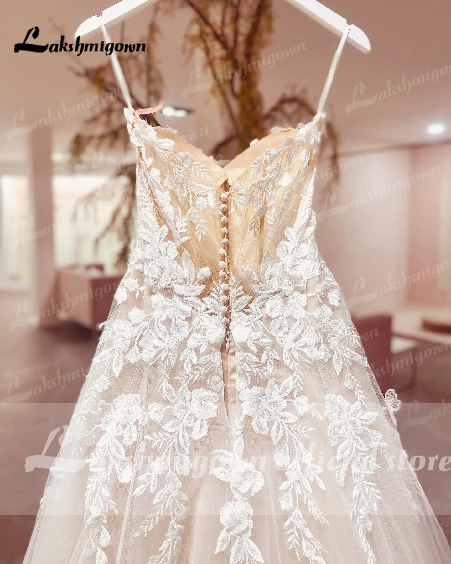 Womens Spaghetti Straps Boho Wedding Dress Lace Bodice Tulle Open Back Gown