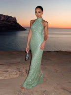 Sexy Halter Backless Long Dress Women Solid Sequin Sleeveless High Waist Slim Fit Dresses 2025 Lady Chic New Evening Party Robes