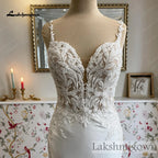 Mermaid Satin Wedding Dress Deep V Neck Beaded Lace Appliques Low Back Custom