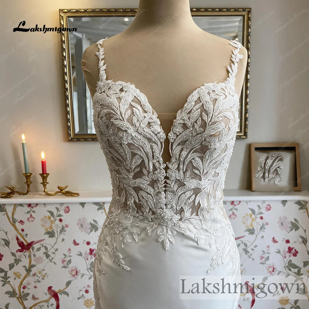 Mermaid Satin Wedding Dress Deep V Neck Beaded Lace Appliques Low Back Custom