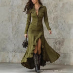 2025 Autumn/Winter Hot-Selling European and American Suede Slim-Fit Zipper Stand Collar Slit Long Dress