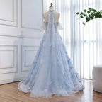 Serene Hill Blue Off Shoulder Evening Dress With Beaded Floral Appliques