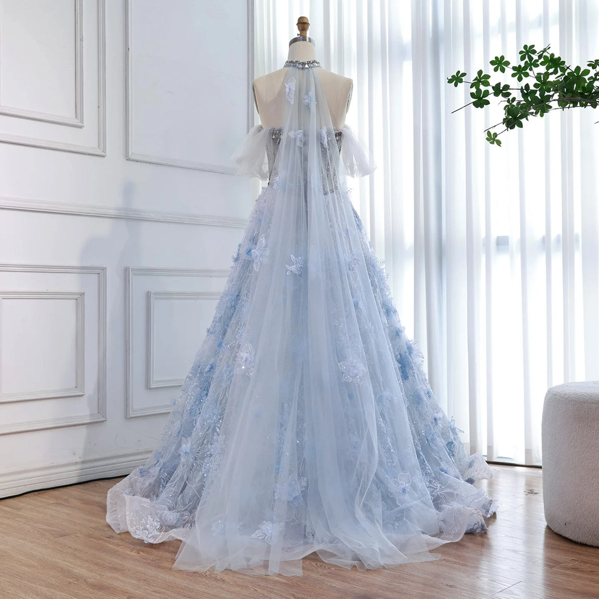 Serene Hill Blue Off Shoulder Evening Dress With Beaded Floral Appliques