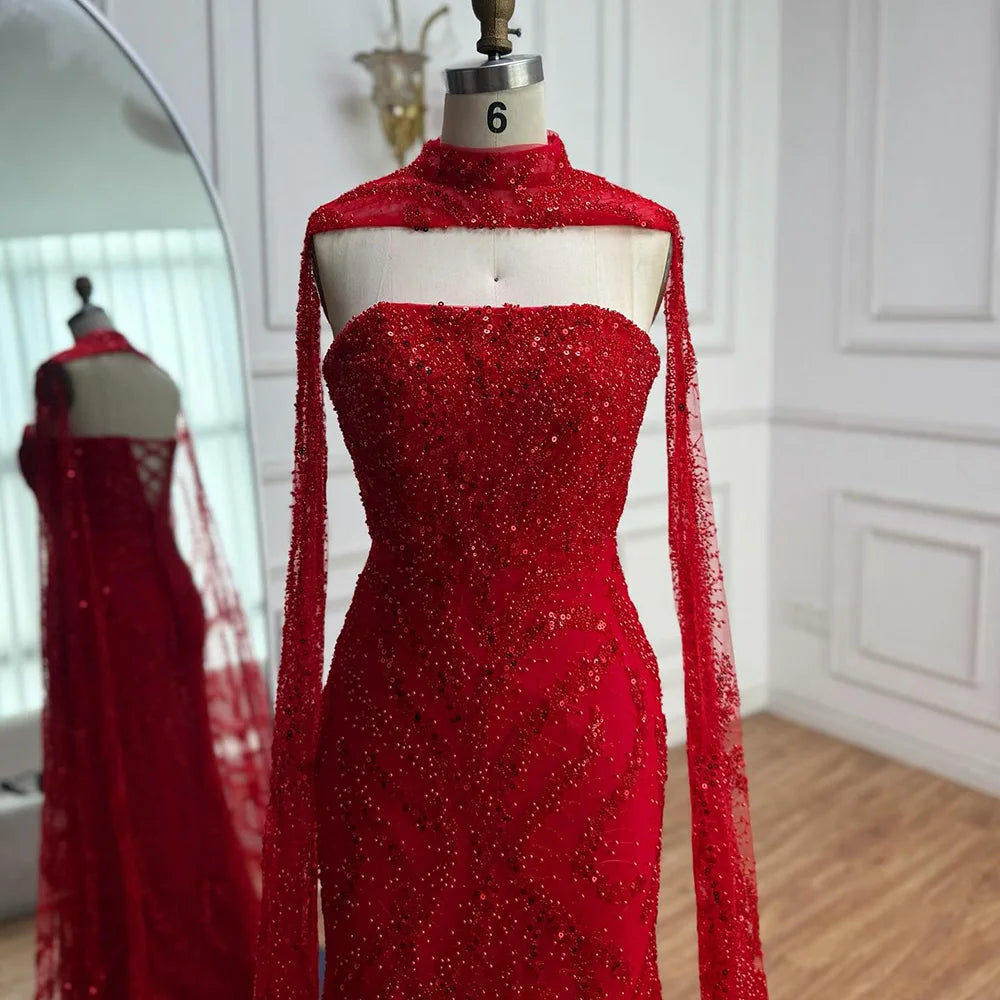 Custom Red Mermaid Evening Dress With Detachable Cape Sleeves For Women