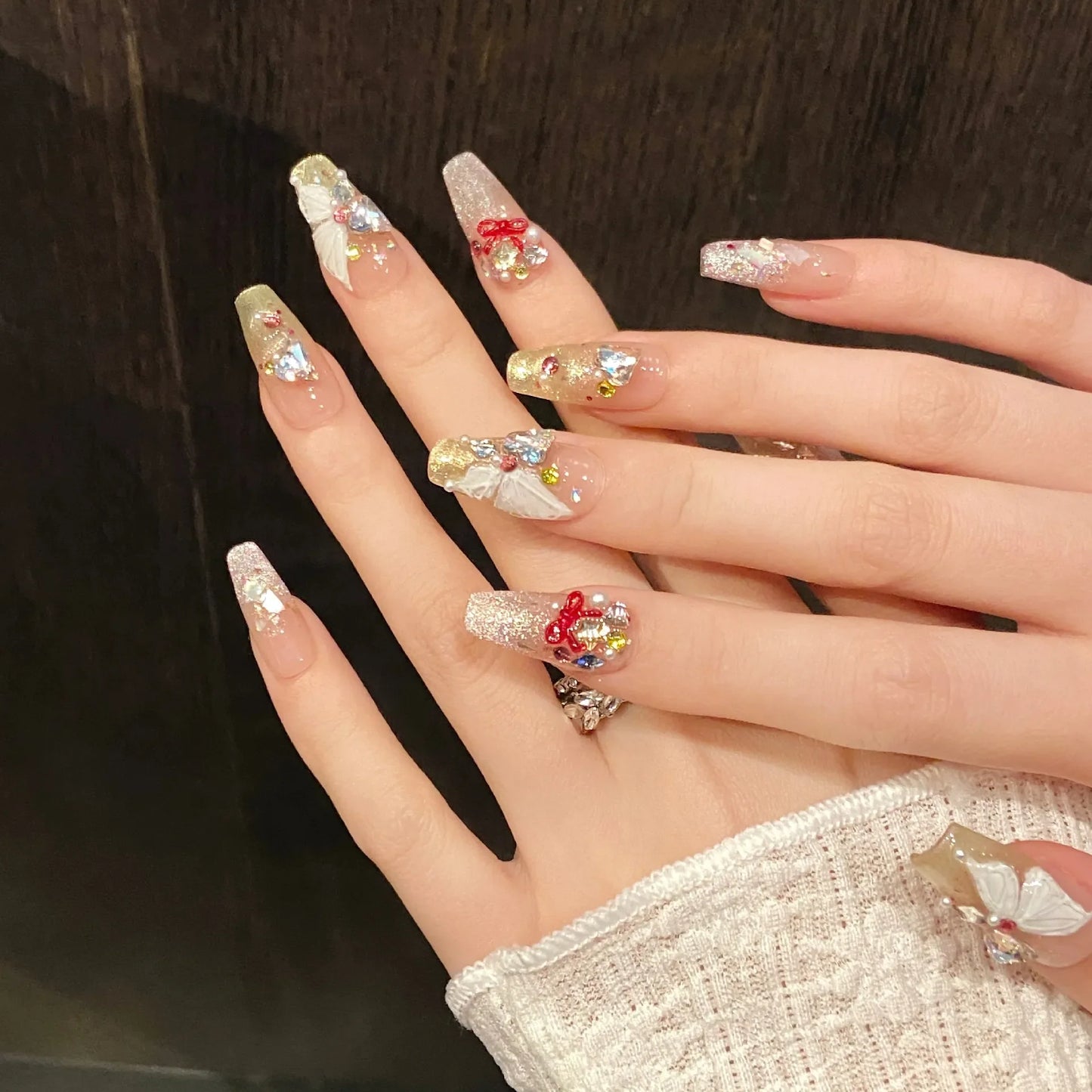 10 uñas postizas de dopamina hechas a mano con diseño de mariposa transparente, con destellos dorados y rosas, con prensa francesa, de diamante y ojo de gato. 