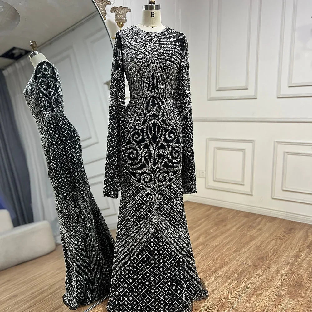 Custom Caramel Beaded Mermaid Evening Gown Flared Sleeves Party Dress