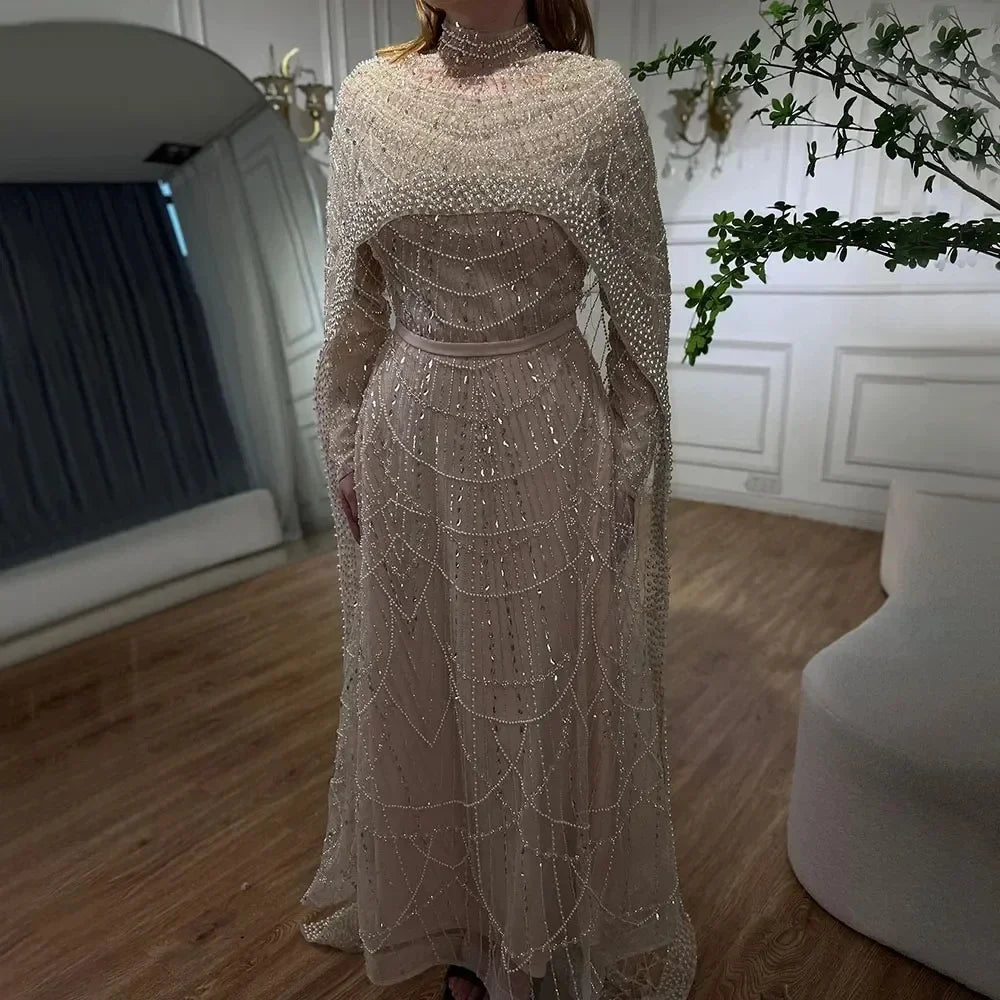 Custom Green Long Sleeve A Line Evening Cape Wedding Party Dress For Women