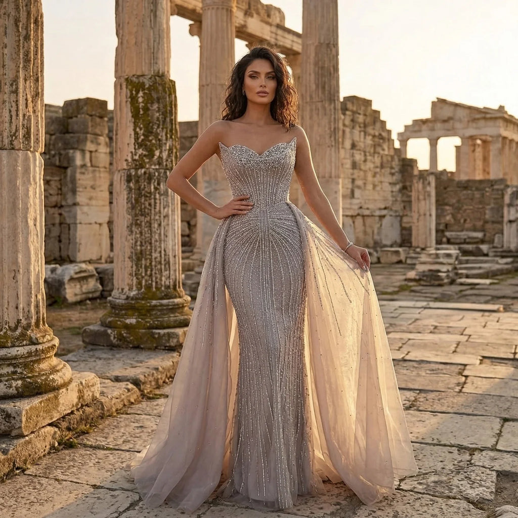 Strapless Caramel Beaded Tulle Evening Dress Sweetheart Formal Gown