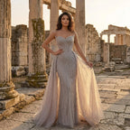 Strapless Caramel Beaded Tulle Evening Dress Sweetheart Formal Gown