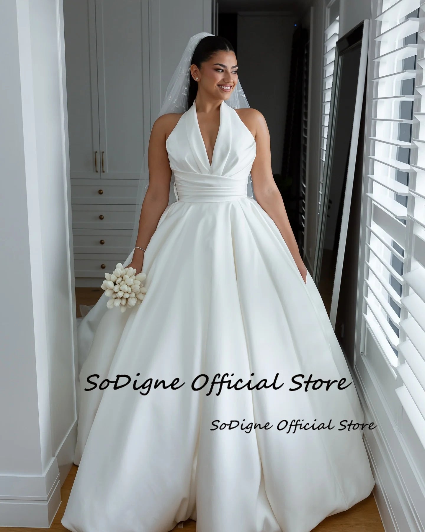 Custom Satin A Line Wedding Dress Sleeveless Halter Bridal Gown Long