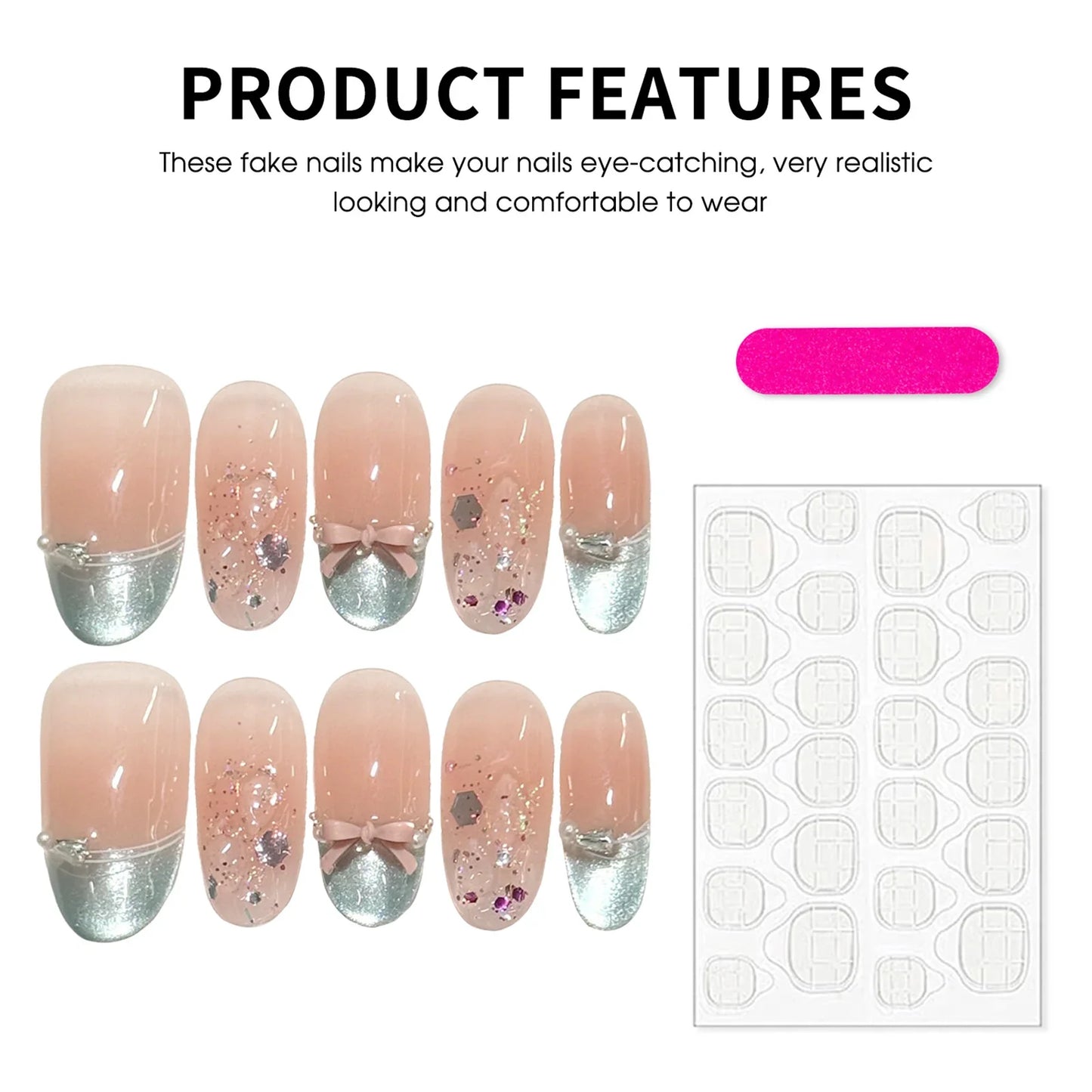 10 uñas postizas con lentejuelas brillantes, estilo ojo de gato, almendra dulce, estilo coreano, con lazos y decoración de perlas, color verde menta, estilo francés. 