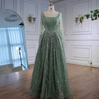 Luxury Sage Green Beaded Evening Dress with Long Sleeves LA72805B
