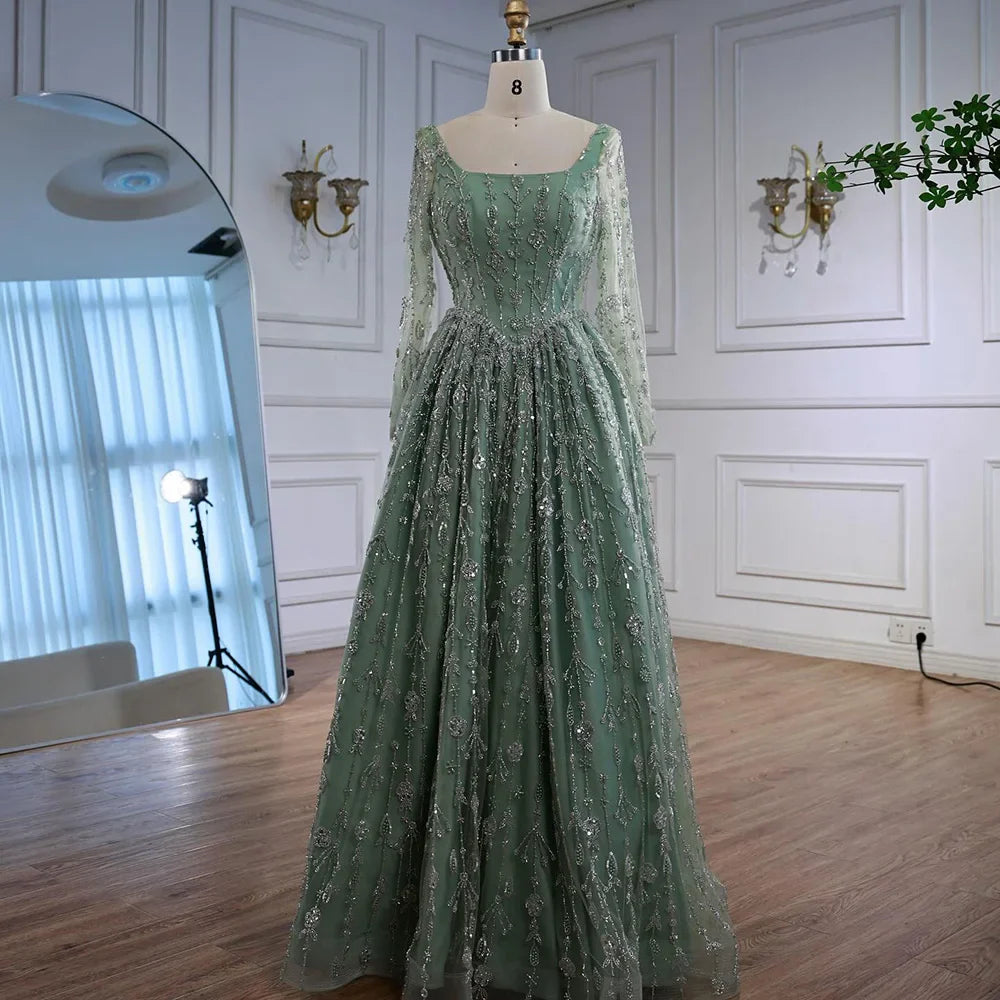 Luxury Sage Green Beaded Evening Dress with Long Sleeves LA72805B