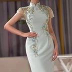 Serene Hill Custom Beaded Satin Mermaid Evening Gown For Formal Events